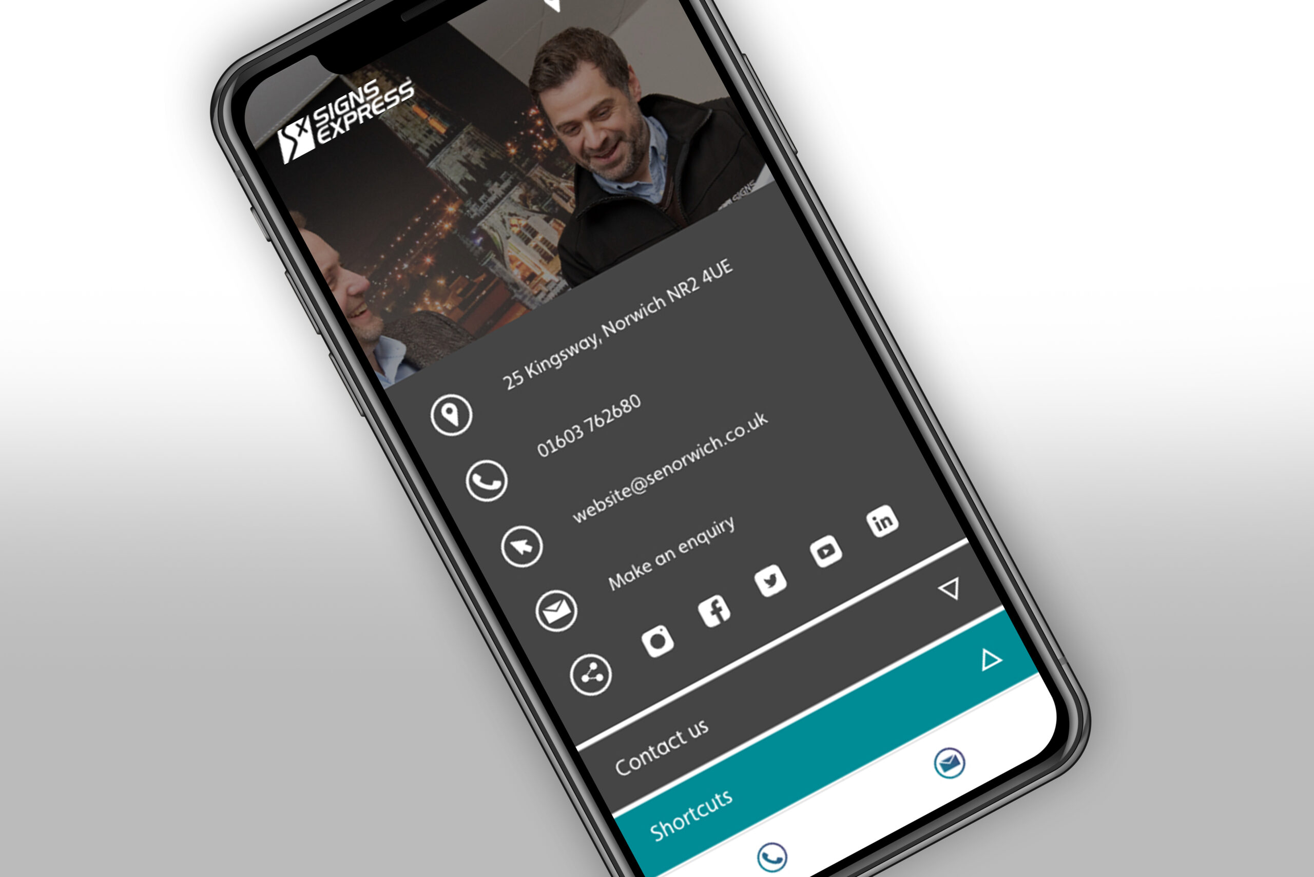 Signs Express contact panel on mobile